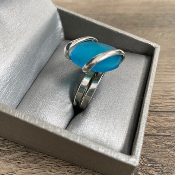 Azure Blue Beach Sea Glass Adjustable Silver RIng Sz 7 - Picture 3 of 10